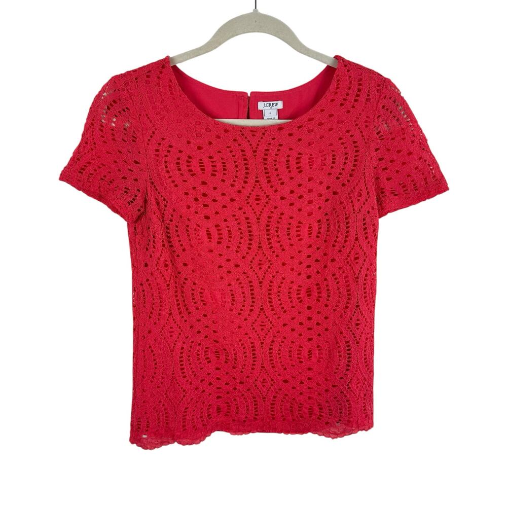 J.‎ Crew Coral Lace Short Sleeve Round Neck Lined Pullover Blouse Size 0